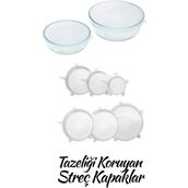 Mikasso Silikon 2 Boy Yuvarlak Borcam Kapağı ve Silikon Streç Kapak 6'lı Tencere Kupa Bardak Bonesi Silikon