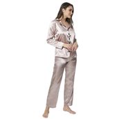 Miorre Kadın Uzun Kollu Önden Düğmeli Saten Pijama Takımı SÜT KAHVE L-XL