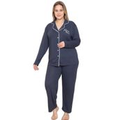 Mirano 4400 POLYVİSCON Kumaş Kısa Kollu Düğmeli Büyük Beden Kadın Pijama Takımı, Lacivert, 3XL
