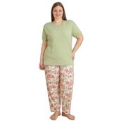 Mirano 4503 Çiçekli Kısa Kollu Pamuklu Penye Büyük Beden Kadın Pijama Takımı, Yeşil, 2XL