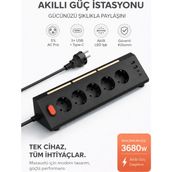 Mo Dou Akıllı Priz Termal Korumalı 5’li Priz 3680W | LED Işıklı Çoklu Çoklu Akım Prizi USB | Usb-C - Siyah