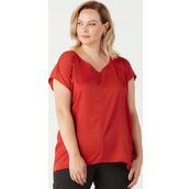 Moda Berray 3203 Tarçın Saten V Yaka Kısa Kollu Büyük Beden Şık Kadın Bluz