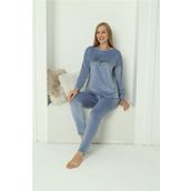 Moda Çizgi 20624 Kadife Mavi Kadın Pijama Takımı