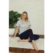Moda Çizgi 3381 Gri Lacivert %100 Pamuk Kısa Kol Kadın Pijama Takımı
