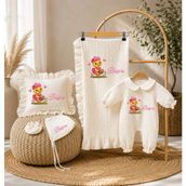 Moda Lime Premium 5 Parça Müslin Bebek Seti - Isme Özel Kız Bebek Hediyesi - Ekru