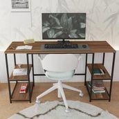 Modern Çalışma Masası, Kitaplıklı, 140x50 cm, Ceviz-Siyah Metal, Ev ve Ofis için Bilgisayar Masası