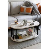 Modern Oval Orta Sehpa Çift Katlı Metal Ayaklı Salon, Ofis, Dekoratif Sehpa, Kahve Sehpası - Beyaz Mermer