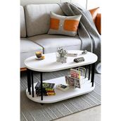 Modern Oval Orta Sehpa Çift Katlı Metal Ayaklı Salon, Ofis, Dekoratif Sehpa, Kahve Sehpası - Beyaz