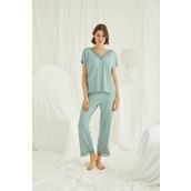 Monamise 18465 Yeşil Kısa Kollu V Yakalı Dantelli Kadın Pijama Takımı
