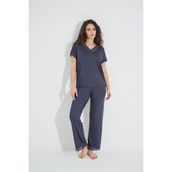 Monamise 18484 Lacivert Dantelli Kısa Kollu V Yakalı Kadın Pijama Takımı