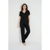 Monamise 18494 Siyah Dantelli Kısa Kollu V Yakalı Kadın Pijama Takımı