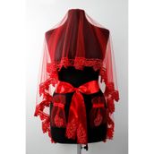 Mortex Kırmızı Boncuk Taş Kupon Vıp Gelin Seti – Kına Gecesi, Düğün, Nikah İçin Duvak Kuşak Eldiven
