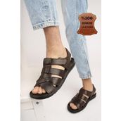 Muggo Charles Kahverengi Garantili Günlük Hakiki Deri Rahat Yumuşak Taban Ortopedik Erkek Sandalet