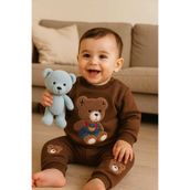 MyPrettyBaby OTURAN AYICIK SÜZENE NAKIŞLI KIŞLIK ŞARDONLU 3 İP KUMAŞ ERKEK BEBEK ALT ÜST 2'Lİ TAKIM