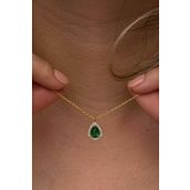 Nereze 925 Ayar Gümüş Gold Kaplama Yeşil Taşlı Damla Kadın Kolye
