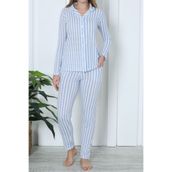 Nicoletta Kadın Pijama Uzun Kollu Düğmeli Pijama Takımı Cepli Pamuk Mavi, M