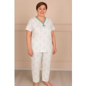 Niket Life Kadın Desenli Biye Yakalı Kısa Kol Altı Uzun Penye Anne Pijama Takım