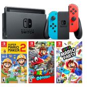 Nintendo Switch Neon Red Blue + Super Mario Maker 2 + Super Mario Odyssey + Super Mario Party