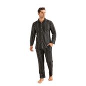 Nisanca Erkek Jakarlı Düğmeli Pamuk Pijama Takımı- Çizgili Erkek Pijama Lacivert XL