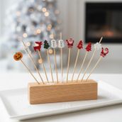 Noel ve yılbaşı Temalı Ahşap Kürdan Tutacağı, Dekoratif Parti Süsleri, Cupcake Topper Seti, 12 Parça Karışık Figürlü