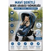 OpenCity Mavi Şeritli Universal Bebek Arabası Yağmurluğu Şeffaf PVC Yağmur Rüzgar Toz Koruyucu Kılıf