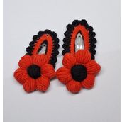 Örgü Çiçek Desenli Saç Tokası, Kırmızı-Siyah, 2'li Set, Metal Klipsli