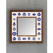 Oscar Stone Decor Masif (Ahşap) Çerçeveli Mozaik Taş Ayna 33x33 cm Dresuar Üstü Balkon Nazar