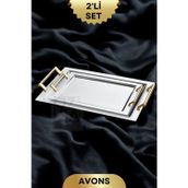 ÖzSa Home 2'li Dikdörtgen 18/10 Paslanmaz Çelik Servis Sunum Çay Kahve Söz Nişan Tepsisi Lüx Tepsi Seti Avons