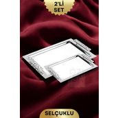ÖzSa Home 2'li Dikdörtgen 18/10 Paslanmaz Çelik Servis Sunum Çay Kahve Söz Nişan Tepsisi Tepsi Seti Selçuklu