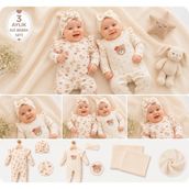 Ozz Baby Yeni Doğan Kız Bebek 0/3-3/6 Ay Brodeli 2li Tulum Seti ve Müslin Battaniye Takımı (Hediyelik ) - Bej - Açık Taba - 3 - 6 Ay