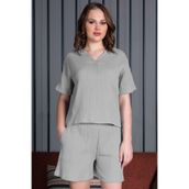 Pamuklu Kadın Muslın Hakım Yaka V Pat Kısa Kol Bluz Şortlu Pijama Takım, 409246