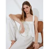 Pamuklu-Keten Karışımlı Askılı Çiçek İşlemeli Crop Pijama Üstü