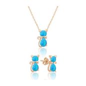 Papatya Silver 925 Ayar Gümüş Opal Taşlı Kedi Kadın Küpe Kolye