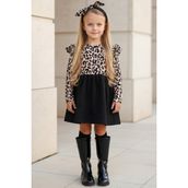 Parla Kids ELB-0059 Leopar Desenli Uzun Kollu Fırfırlı Kız Çocuk Elbise Bandana Takım