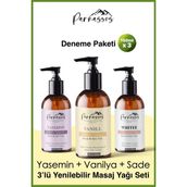 Parnassos Yasemin Özlü, Vanilyalı ve Sade Arındırıcı Yenilebilir Doğal Aromaterapi Masaj Yağı 150 ml Seti