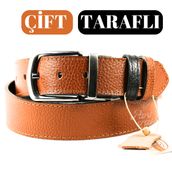 Parscraft Hakiki Deri Çift Taraflı Erkek Kemer 4 cm Taba - Siyah (Taba, 125 cm)