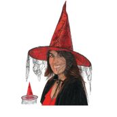 Parti dolabı Cadılar Bayramı Cadı Şapkası Kırmızı Siyah Örümcek Ağ Desenli Tül Parti Halloween Cadı Şapkası 34cm