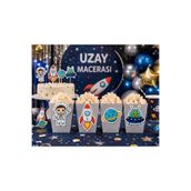 Parti Konsepti Uzay Temalı Popcorn Kutusu 8'li Set | Astronot Roket Gezegen UFO Doğum Günü Parti Kutusu