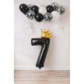 Patladı Gitti 7 Rakam Siyah Kral Tacı ve Konfetili Folyo Balon Set