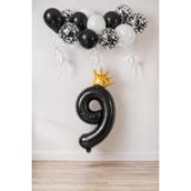 Patladı Gitti 9 Rakam Siyah Kral Tacı ve Konfetili Folyo Balon Set