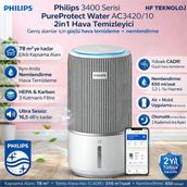 Philips Pureprotect Water 3400 Serisi Akıllı 2 In 1 Hava Temizleyici Ve Nemlendirici Beyaz Gri +Philips Saç Düzleştirici Hediye
