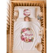 Pia Baby Isme Özel Kız Bebek Battaniye 80X80 cm ve Yastık Kılıfı 35X45 cm %100 Pamuk Organik Baskılı Bebek Seti Bebek Hediyesi - Ekru - 0 - 6 Ay