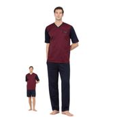Pierre Cardin Erkek Pijama Takımı, 3 Parça, Kısa Kollu, V Yaka, Jakarlı Penye, Bordo, 2XL