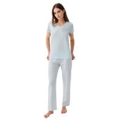 Pierre Cardin Kadın Mavi Pijama Takımı, Kısa Kollu, V Yaka, Boru Paça, L Beden
