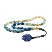 Pigado 1000 Ayar Gümüş Kazaz Püsküllü Mavi Hareli Sıkma Kehribar Tesbih