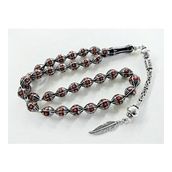 Pigado 925 Ayar Gümüş Arpa Kesim Mercan İşlemeli Oltu Taşı Tesbih