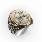 Pigado 925 Ayar Gümüş Sedef Taşlı Göktürkçe Türk Yazılı Erkek Yüzük