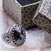 Pigado 925 Ayar Gümüş Siyah Zirkon Taşlı Osmanlı Tuğra Detaylı Yüzük