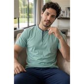 Pijama Evi Muted Aqua Kısa Kollu Pat Detaylı Elegant Erkek Pijama Takımı - Mint - 2XL