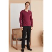 Polat 1626 Elitepoint Erkek Büyük Beden Uzun Kollu V Yaka Pijama Takımı, Vişne, 2XL